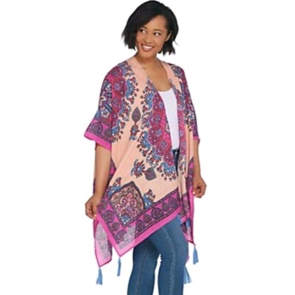 Theodora & Callum Pink Paisley Tassel Kimono Wrap Kaftan One Size OS MISSY‎ 203
